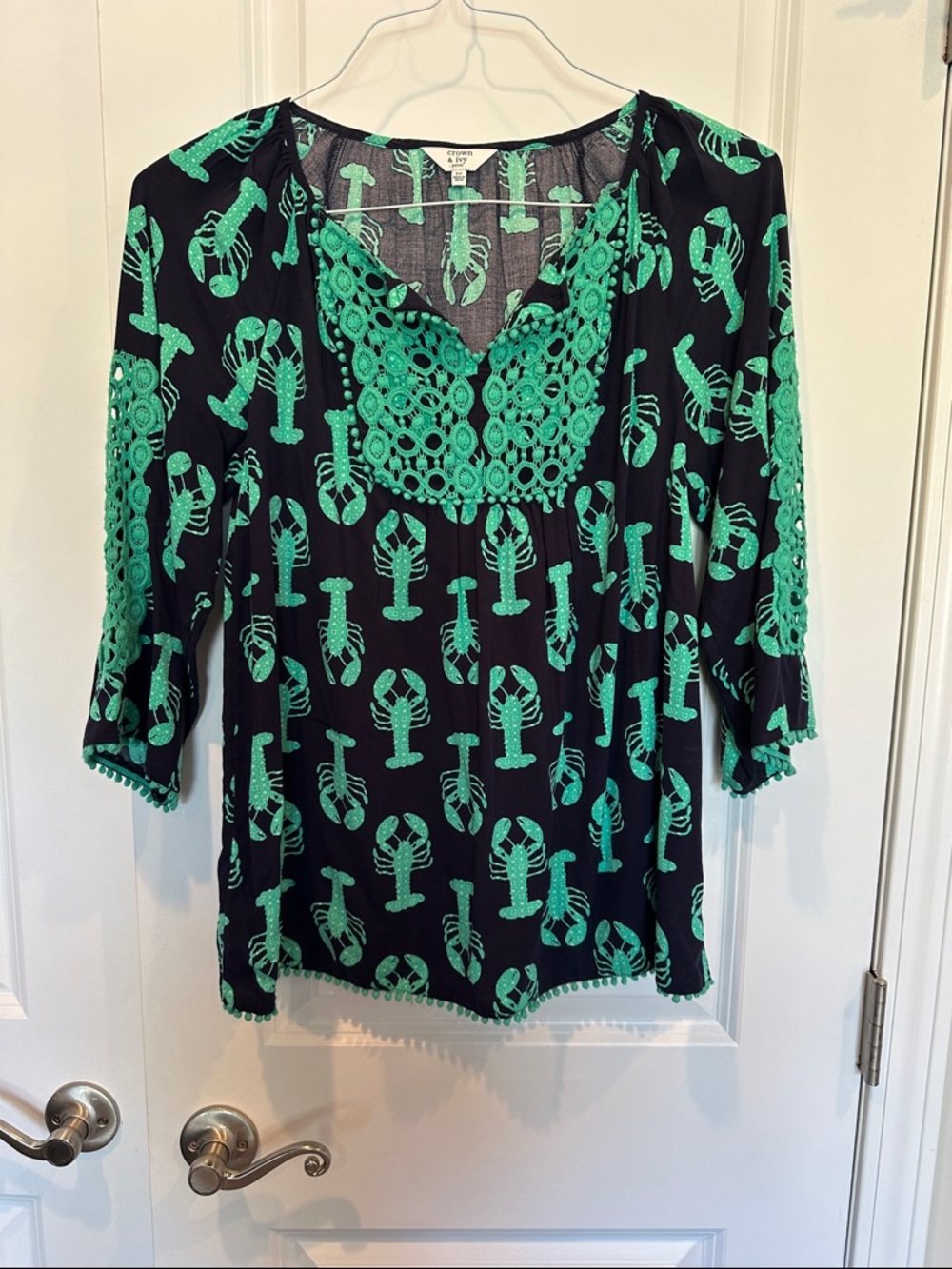 crown & ivy navy shirt with Green Lobster Print and Crochet Detail